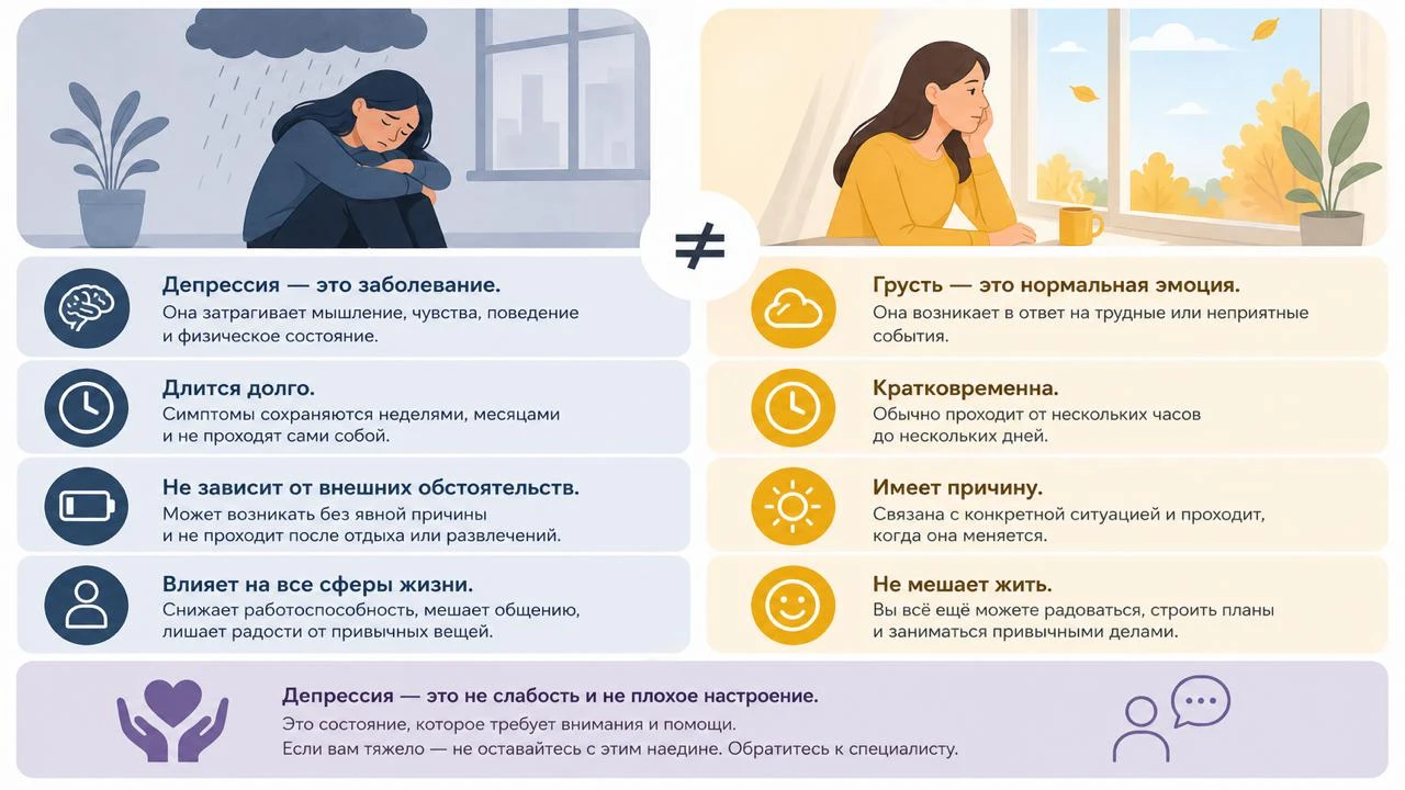 Инфографика: депрессия — это заболевание, которое затрагивает мышление, тело и поведение, а не плохое настроение