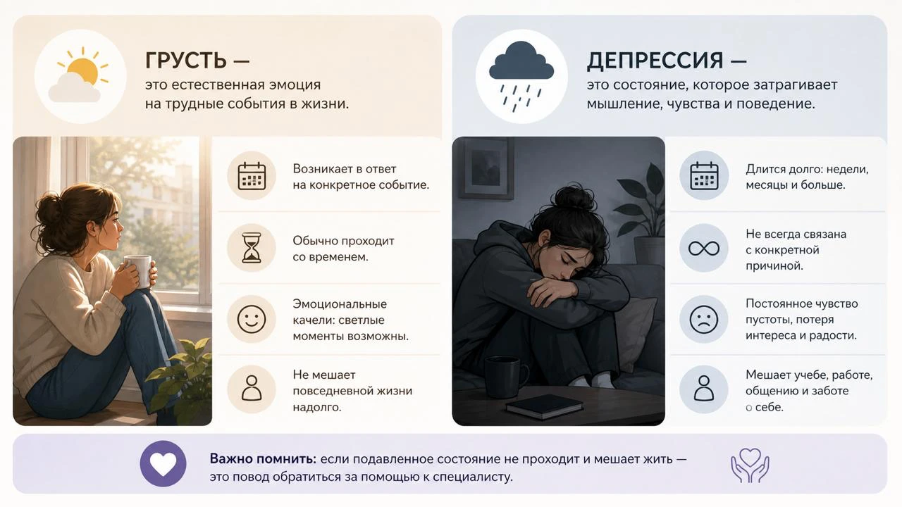Сравнение грусти и депрессии: причины, длительность и влияние на повседневную жизнь