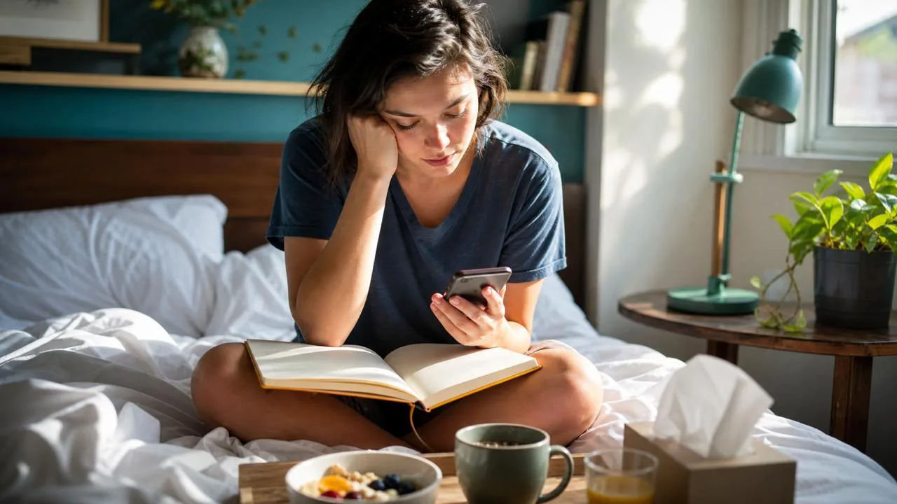 Девушка сидит на кровати с книгой, чаем и телефоном — простые ежедневные шаги заботы о себе при депрессии